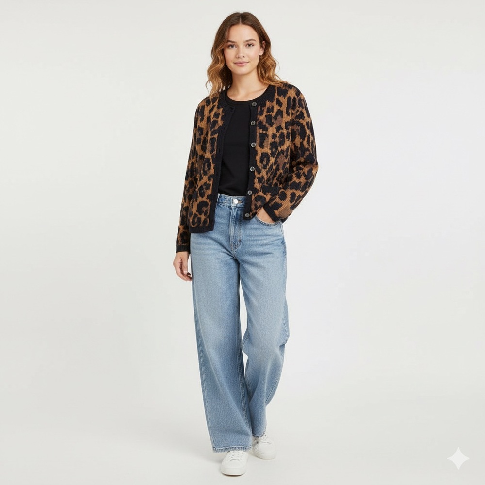 Adrienne Vittadini | VTG Animal Print Button Front Long Sleeve Knit Cardigan